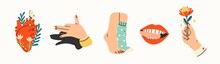 Human Body Parts. Hand With Flower, Shadow Puppet Barking Dog, Red Lips Mouth, Legs In Wool Socks, Heart With Flowers. Hand Drawn Colored Trendy Vector Illustration. All Elements Are Isolated