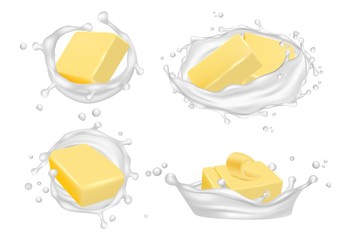 Wall Mural - Realistic butter and milk splashes. Vector creamy butter isolated on white background. Milk and butter for breakfast, snack cream product illustration