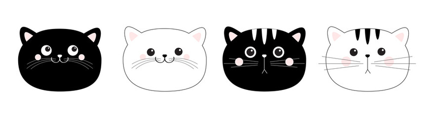 Canvas Print - Black white cat head face line contour silhouette icon set. Funny kawaii smiling sad doodle animal. Pink blush cheeks. Cute cartoon funny character. Pet collection. Flat design Baby background.
