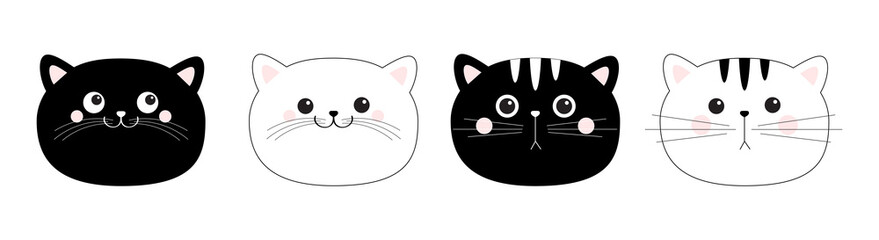 Poster - Black white cat head face line contour silhouette icon set. Funny kawaii smiling sad doodle animal. Pink blush cheeks. Cute cartoon funny character. Pet collection. Flat design Baby background.