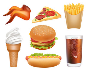 Sticker - Fast food realistic. Lunch pizza chicken hamburger hot dog drinks french fries vector junk trash food pictures. Hamburger and fast food lunch, meal pizza illustration