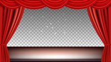 Theater Stage. Festive Background Audience Movie Opera Light With Red Silk Curtains. Vector Realistic Curtains And Stage Isolated Ontransparent Background. Illustration Theater With Red Curtain Stage