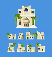 Poster - Desert arabic buildings. Egypt antique old traditional houses brick architectural objects old homes vector. Illustration structure sandstone house, historical building desert