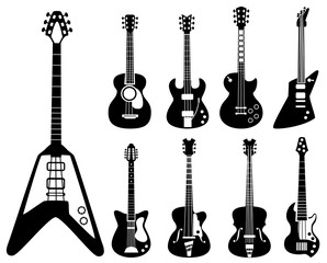 Sticker - Guitar silhouettes. Musical instruments black symbols acoustic and rock guitars vector set. Silhouette instrument electric for rock and acoustic guitar illustration