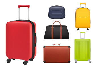 Poster - Suitcase realistic. Luggage tourists fashioned colored objects bags for travellers vector. Illustration baggage and luggage realistic mockup