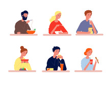 People Eating. Hungry Characters With Different Food Vector Person Eating Flat Pictures. Guy Eating And Drink, People Sitting At Table With Food Illustration
