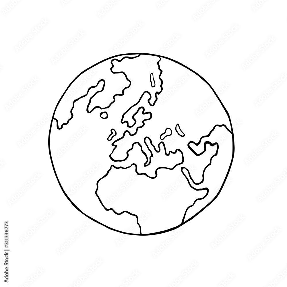 Hand drawn planet Earth. Black and white doodle vector illustration Stock  Vector | Adobe Stock, image size:1000x1000
