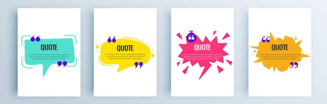 Quote frames blank templates set. Text in brackets, citation empty speech bubbles, quote bubbles. Textbox isolated on color background. Vector illustration.