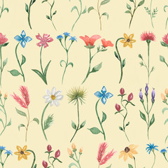 Naklejka na meble Watercolor  wildflower floral pattern, delicate flower wallpaper with field flowers , meadow wildflowers on yellow background .