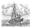 Vintage fishing boat engraving style illustration for label/prints etc. Vector, isolated, sky in separate layer. 