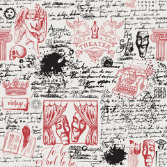 Poster - Vector abstract seamless pattern on the theme of theater and drama with red drawings and black notices in vintage style. Suitable for Wallpaper, wrapping paper or fabric with sketches and blots