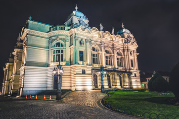 Poster - Opera House and historic Old Town in Krakow, Poland, at night