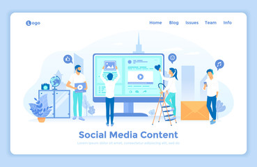 Wall Mural - Social Media Content Strategy, marketing success, social sharing, web traffic. People post videos, photos, ads on the site. landing web page design template decorated with people characters.