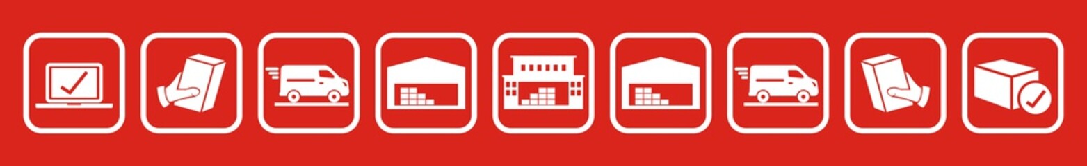 distribution of packages, set of vector icons on red background