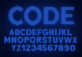 Aufkleber - Retro blue front. Striped glowing letters and numbers on dark background .