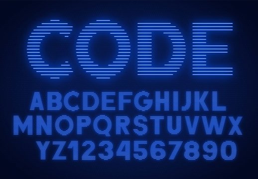 Retro blue front. Striped glowing letters and numbers on dark background .