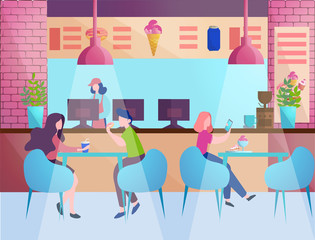 Wall Mural - Female and male characters eating in cafe. Teenagers having a meal