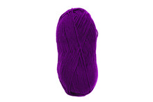 Purple Yarn Skein For Hand Knitting And Crochet On White Background Isolated. Ball Of Dark Violet Soft Wool With Needles. Twisted Hank Of Colorful Thread For Handmade Craft. Copy Space.