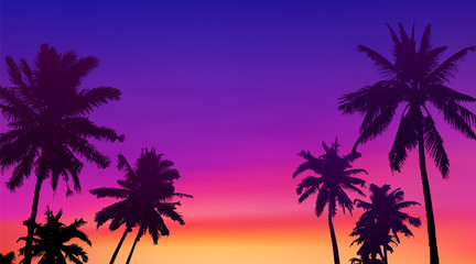 Wall Mural - Black palm trees silhouettes at colorful sunset background, vector tropic banner illustration background