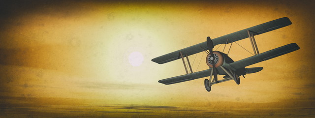 Wall Mural - Old retro biplane flying in the sky - 3D render