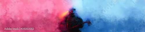 Fireman with axe in the smoke. Poster Mural XXL