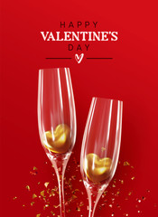 Fototapete - Happy Valentine's Day. Romantic composition design, Realistic two glasses of champagne wine with golden hearts in them, glitter gold confetti. Red background. Holiday gift card, festive banner, poster