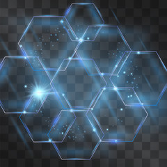 Glass hexagon neon blue honeycombs cluster with cold flares and hazy lights on transparent background. Modern hi tech style vector geometric backdrop. Crystal futuristic structures.
