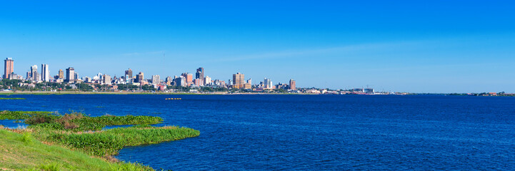 View of the city from the side of the Paraguay river, Asuncion, Paraguay. Copy space for text.