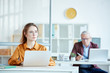 © AnnaStills - Young secretary sitting at the table and using laptop with manager working in the background at office