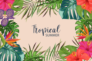 exotic tropical palm leaves, strelitzia, orchid and hibiscus. frame border background. summer vector