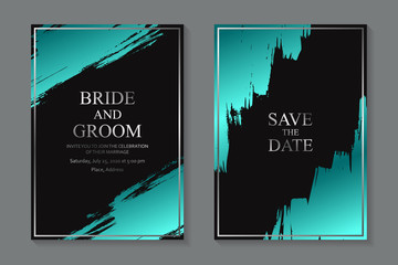 Set of modern grunge wedding invitation design or card templates for business or presentation or greeting with silver frame and turquoise paint brush strokes on a black background.