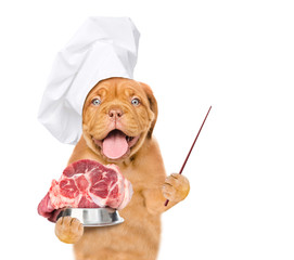 Poster - Funny puppy wearing a chef's hat holds bowl of raw meat and points away on empty space. isolated on white background