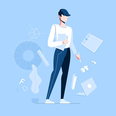 Profession Graphic Designer. Creative specialist standing with design elements for web, mobile and art businessю