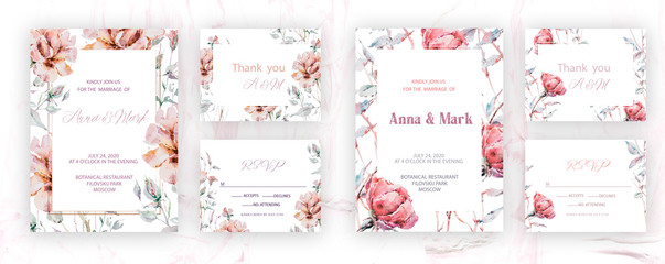 Botanical wedding invitation card template design, pink rose flowers and leaves on pink background, vintage style. Wedding invitation templates. Banners decoration, romantic watercolor objects