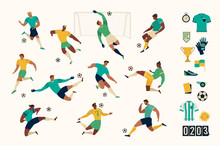 Football Soccer Player Set Of Isolated Characters And Modern Set Of Soccer And Football Icons. Vector Illustration.