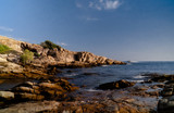 Fototapeta  - Afternoon sea view, rocks, boat in the island	