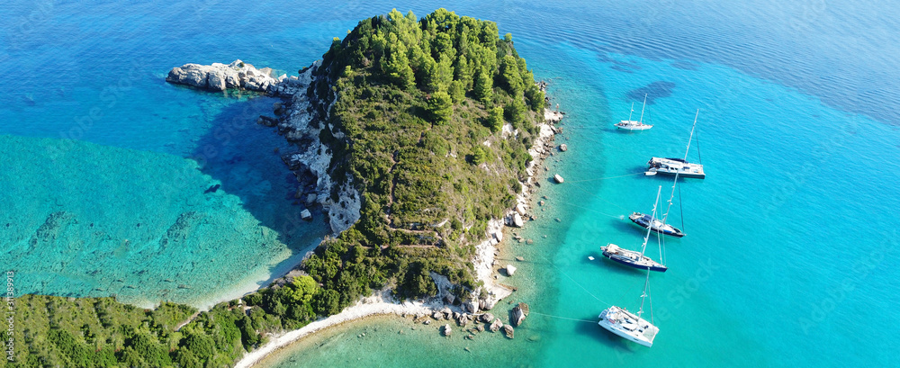 Aerial drone ultra wide panoramic photo of tropical exotic seascape in Mediterranean Greek Ionian island of Paxos with turquoise sea - obrazy, fototapety, plakaty 