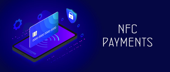 Poster - nfc payment - online mobile and cashless vector concept with isometric smartphone, nfc technology sy
