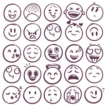 Doodle Emoticons. Emoji With Different Expression Of Angry, Happy And Sad. Funny Sketch Faces For Messages With Smiling And Crying Vector Set