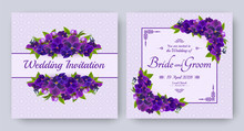 Wedding Invitation With Flowers Of Realistic Purple Viola On Patterned Background. Floral Vector Square Card Set For Bridal Shower, Save The Date And Marriage Celebration. Spring Template