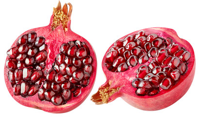 Canvas Print - Isolated pomegranate.  Cut red fleshed pomegranate fruit isolated on white background with clipping path