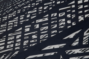 Poster - Metal fence in sunlight resembling abstract modern industrial architecture. Grid structure with lights and shadows. Technology photo featuring irregular polygonal pattern of multiple frames.