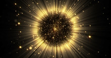 Gold Light Sphere Ball With Glitter Sparkles Burst And Glowing Shimmer Radiance Explosion Burst. Magic Glow Sphere Emitting Golden Light Rays And Sparkling Particles Explosion With Shiny Glare Flare