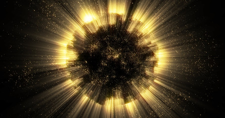 Aufkleber - Gold light sphere ball with glitter sparkles radiance and glowing shimmer explosion. Magic glow sphere emitting light rays and golden sparkling particles with shiny glare flare effect
