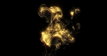 Wall Mural - Golden smoke, shining golden fluid particles, liquid glitter light pour on black background. Sparkling gold, glittering shimmer magic glow haze with curl swirl pouring and evaporating effect