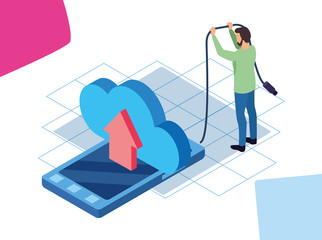 Canvas Print - cloud storage and man with smartphone device over white background, colorful isometric design