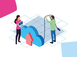 Wall Mural - big data colorful design with woman and man with cloud storage