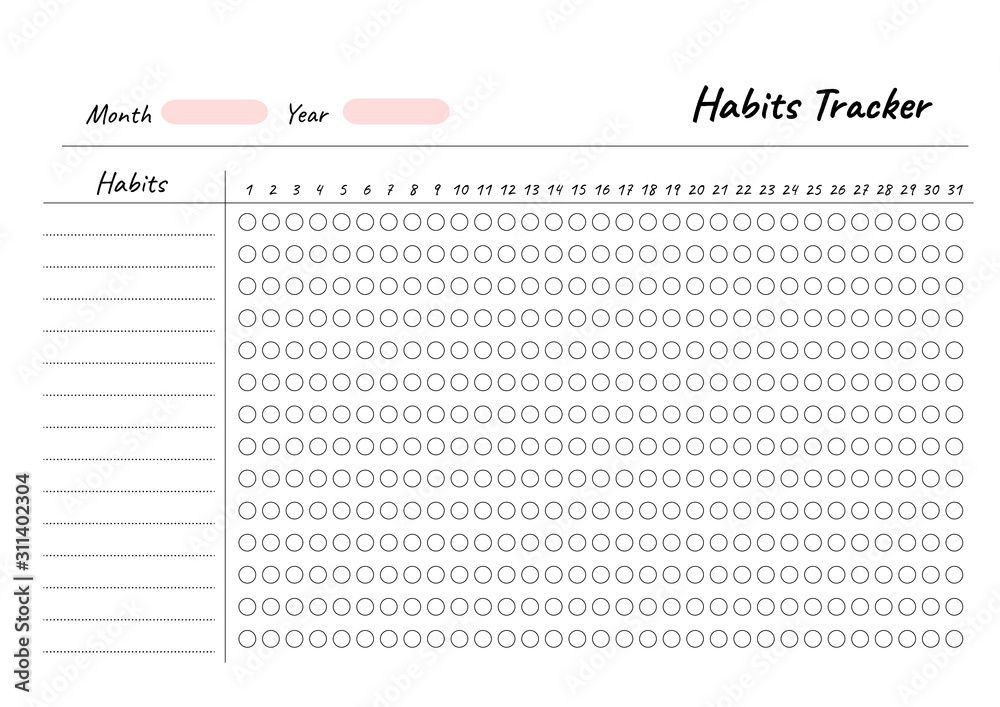 Habits Tracker printable template Vector. Blank white notebook page A4 - obrazy, fototapety, plakaty 