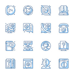 Poster - Customer service, online support linear vector icons set. 24 hours call center, Internet assistance, chat contour symbols isolated pack. FAQ, helpline operator thin line illustrations collection