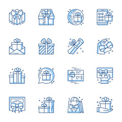 Poster - Presents linear vector icons set. Surprise box with ribbon and bow, store gift card, coupon contour symbols isolated pack. Shop bonus, electronic voucher thin line illustrations collection